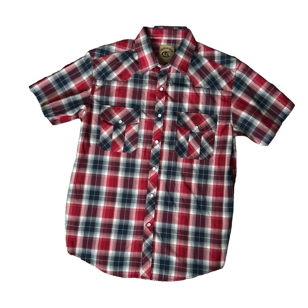 Coevals Club men’s short sleeve red and blue plaid pearl snap shirt